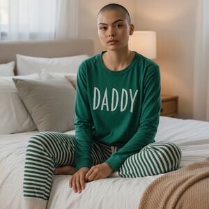 Christmas Daddy Pajama Set Green Long Sleeve Top Striped Pants Women Sz M #